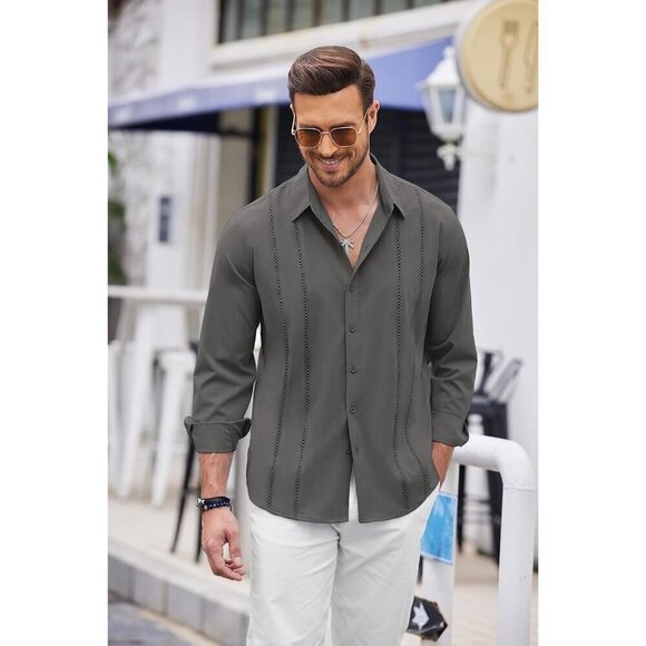 ❤️Mens Grey Cuban Shirt Casual Button Down Shirts Long Sleeve Beach Shirts - Picture 3 of 5